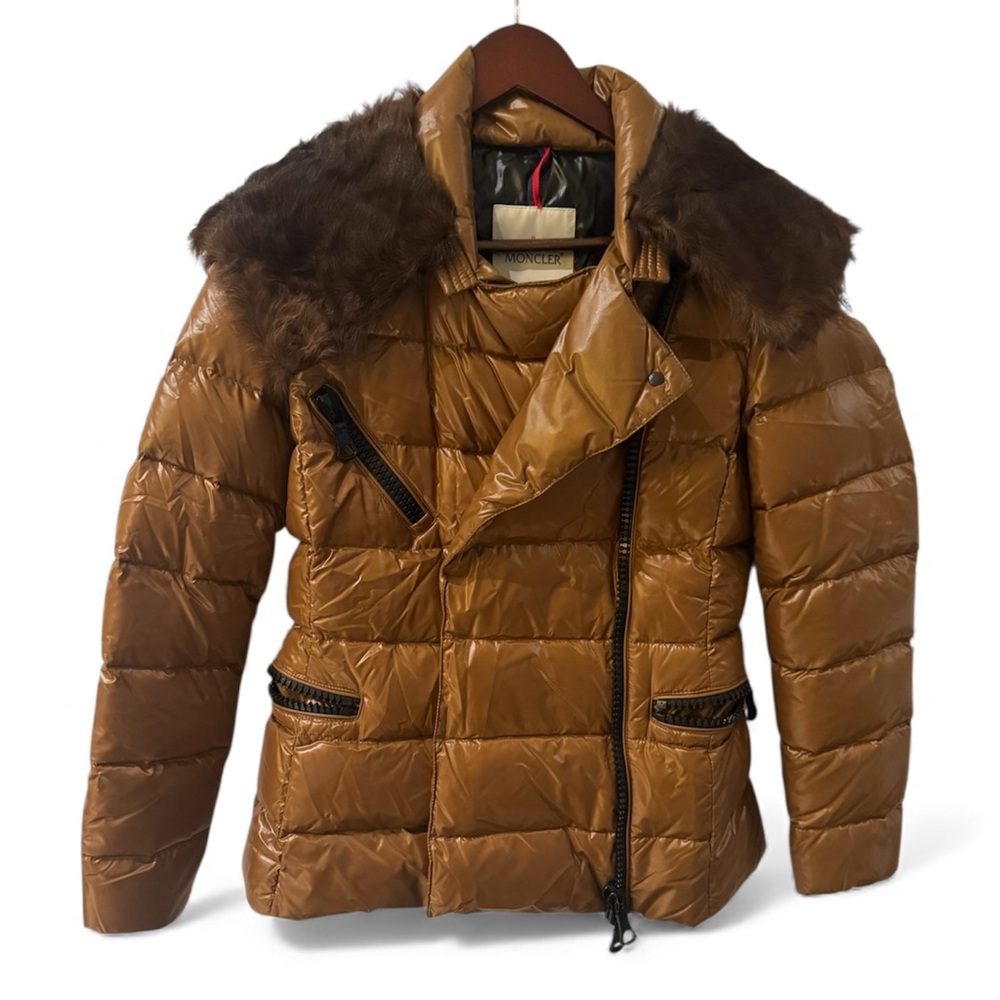 Moncler Faucon Quilted Down Puffer Jacket Fur Trim brown size 1 small  ski coat